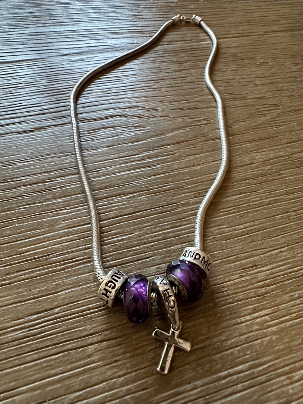 Chamilia Sterling Silver Chain Necklace with Purple Beads and Cross Charm